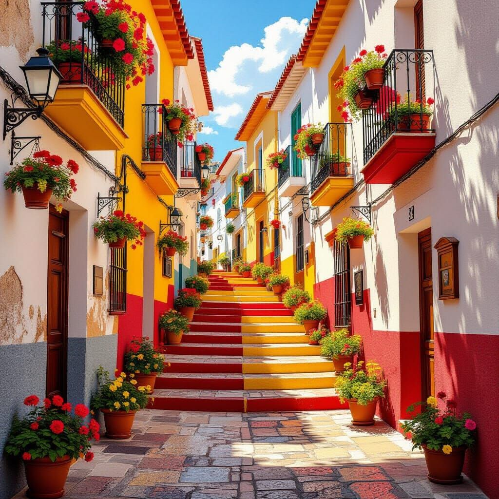 Vibrant Spanish Flag Staircase in Villajoyosa Alleyway