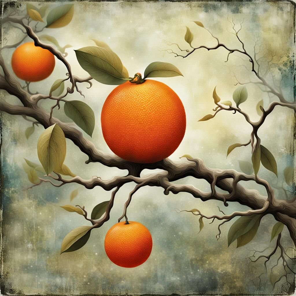 Orange on Branch in Soft, Surreal Style