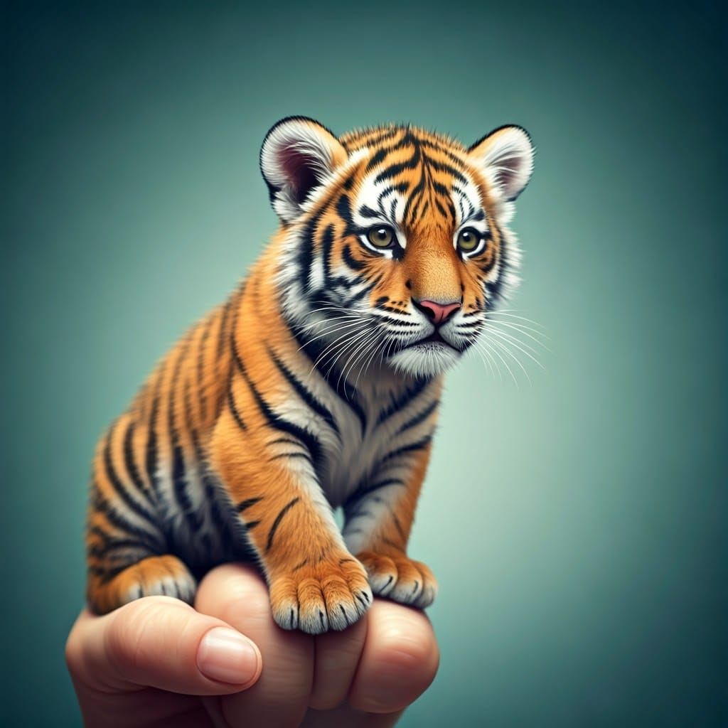 Whimsical Tiger on Finger in Dreamlike Illustration