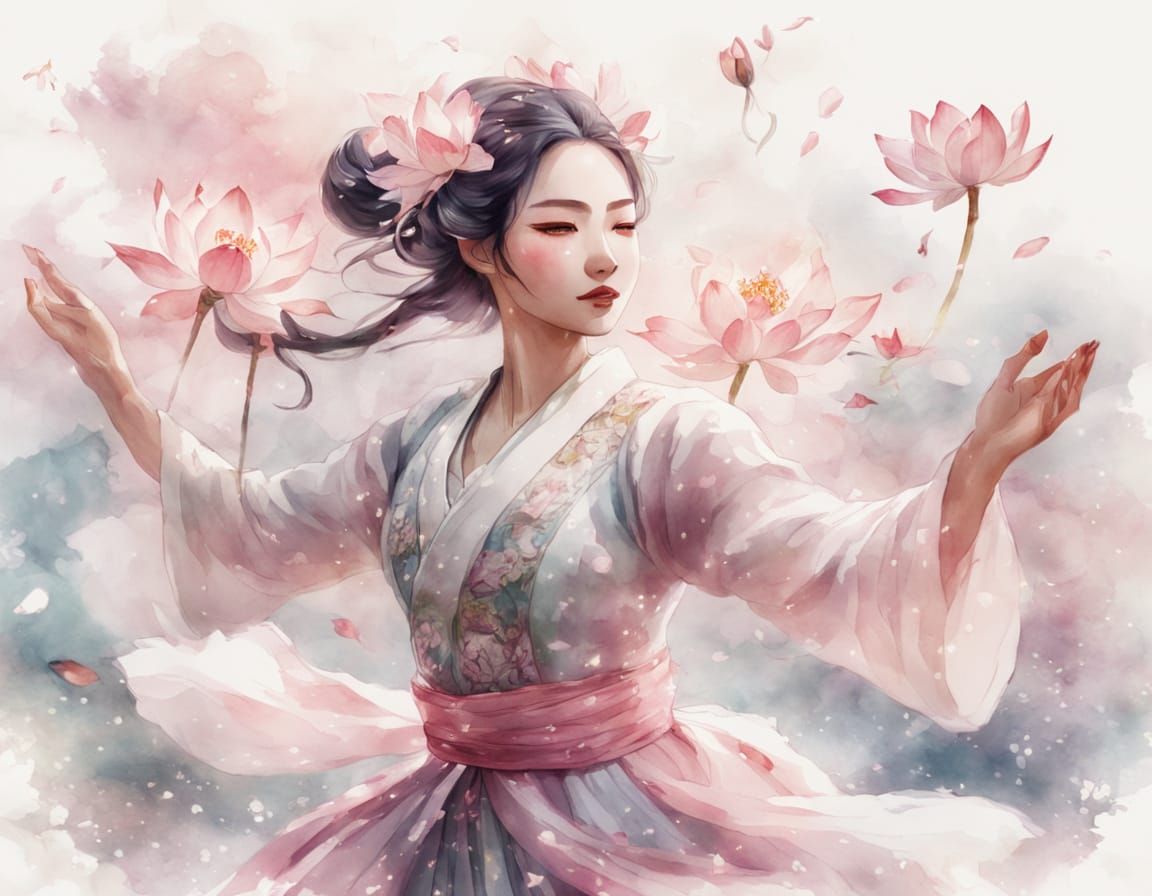 Anime Lady Dances in Dreamy Watercolor Scene