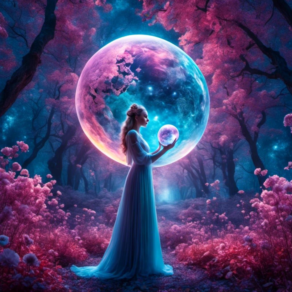 Giant Woman Holds Bioluminescent Planet