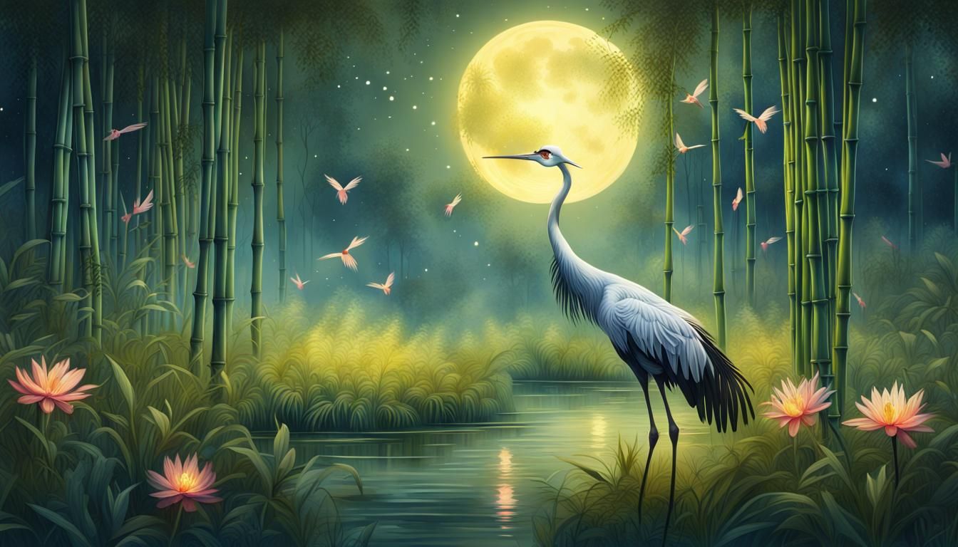 Fantasy Crane in Moonlit Bamboo Forest Painting