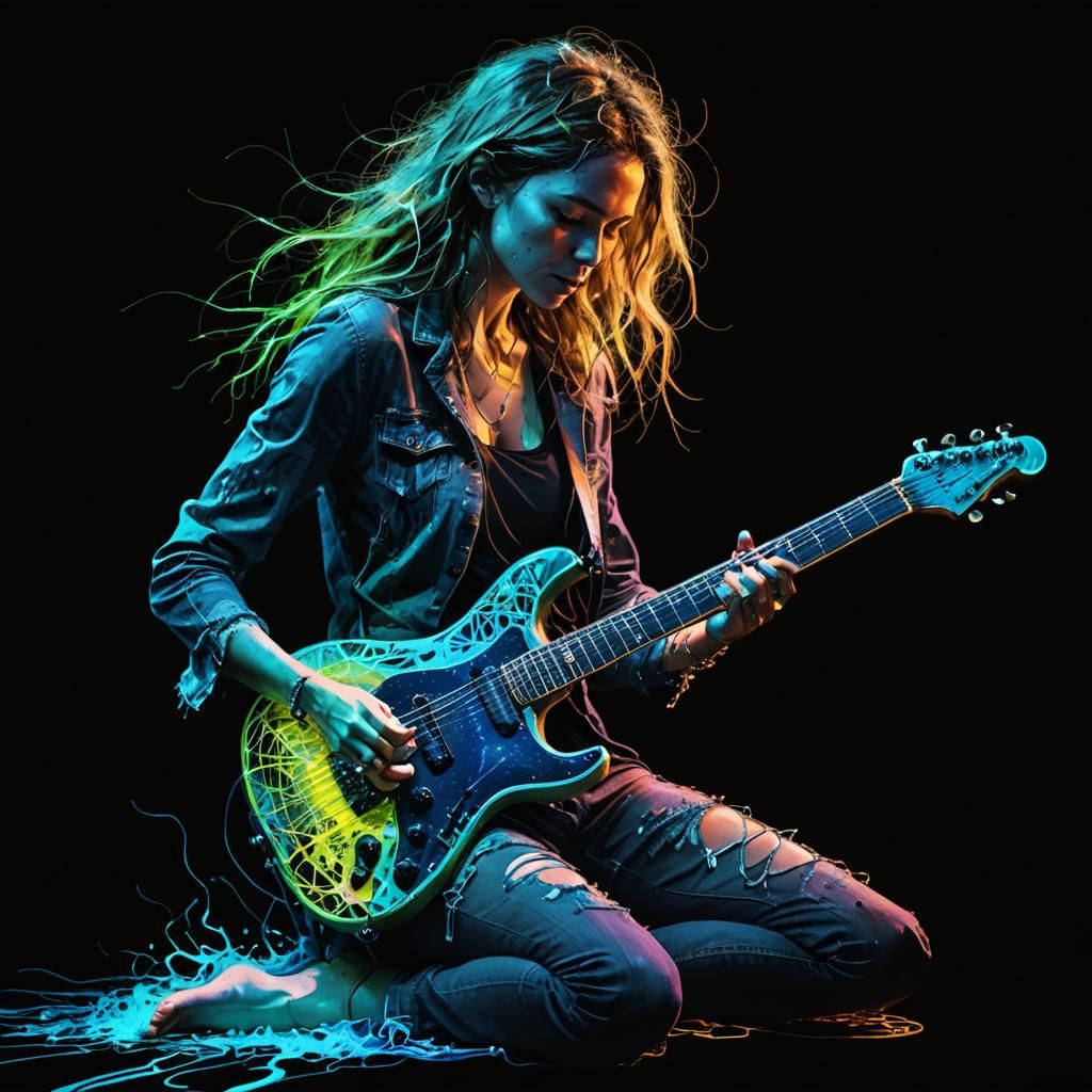 Woman Plays Neon Guitar in Carne Griffiths Style