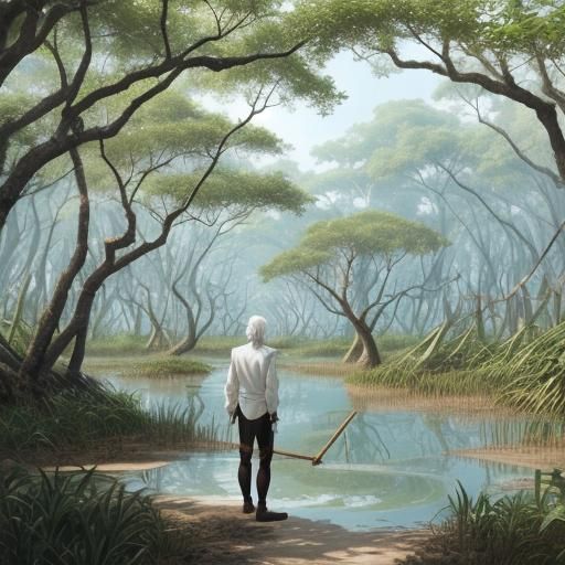 Anime Boy in Mangrove Forest with Straw Huts