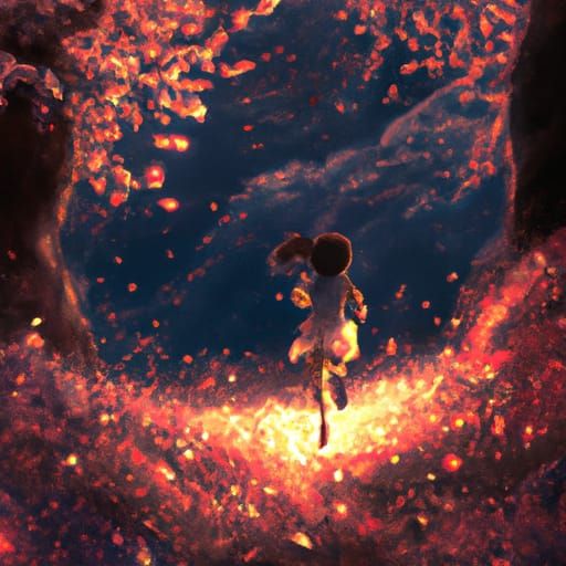 Girl Runs Through Firefly Peach Blossom Forest