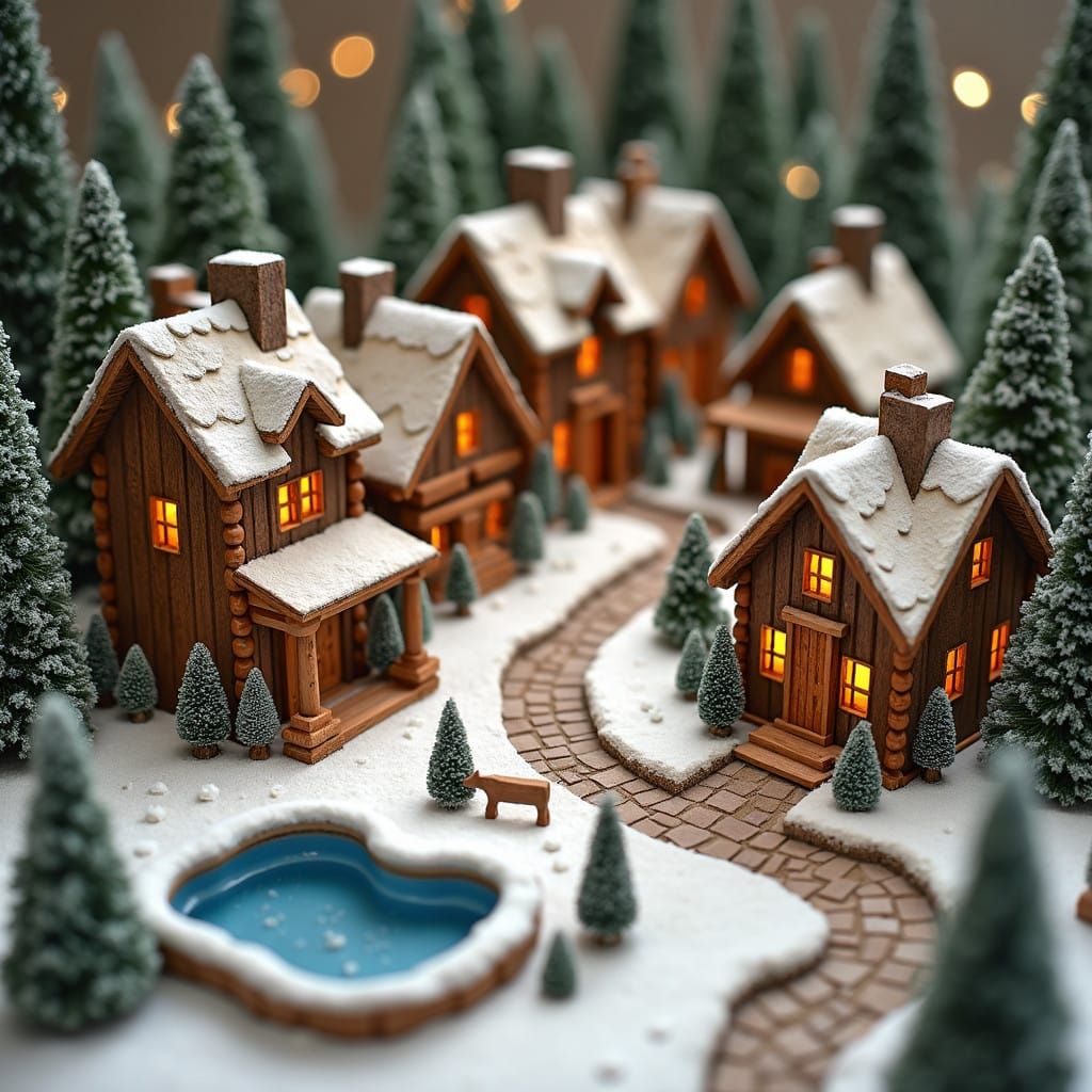 Whimsical Christmas Village Scene in Folk Art Style