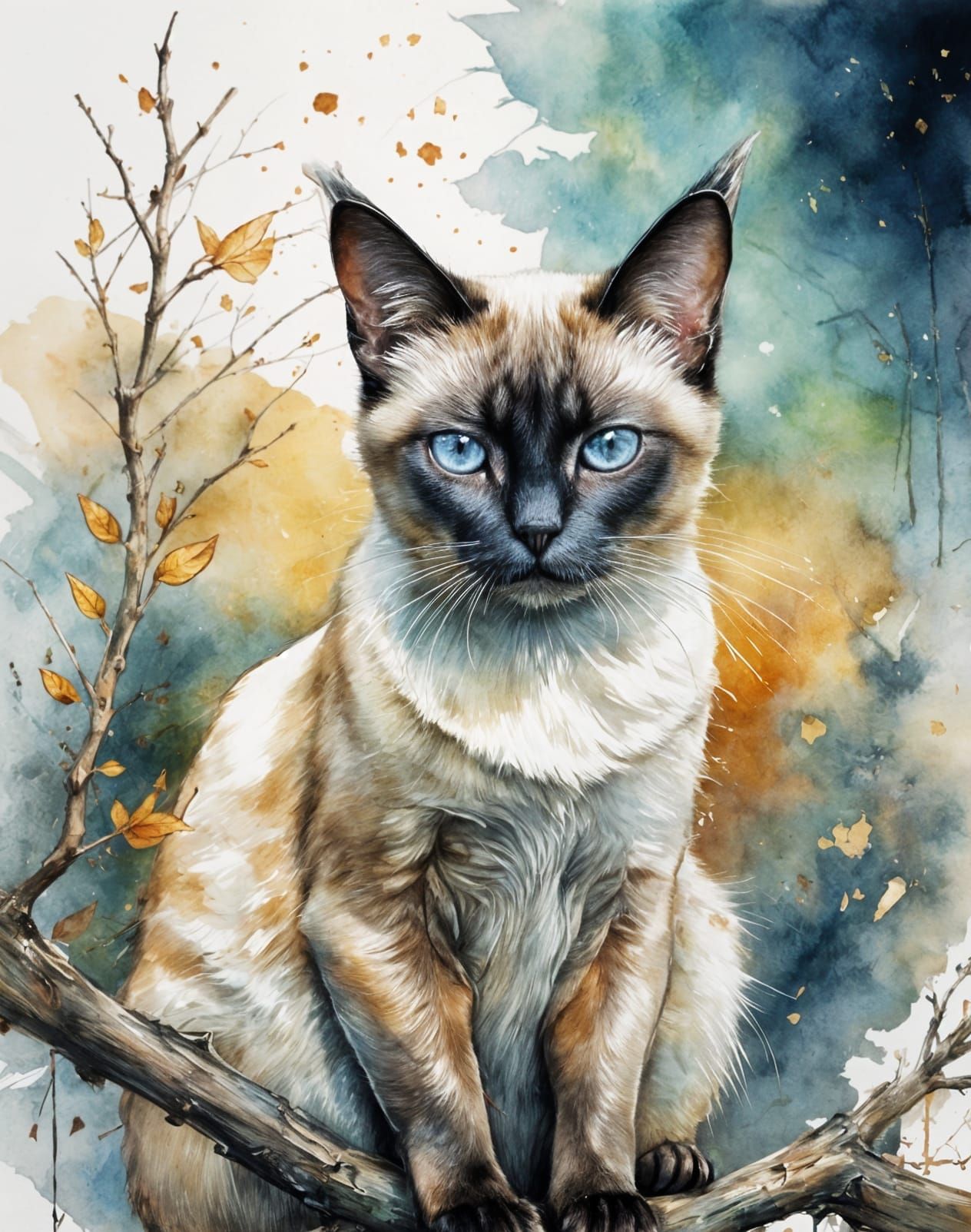Siamese Cat on Branch in Watercolor Style