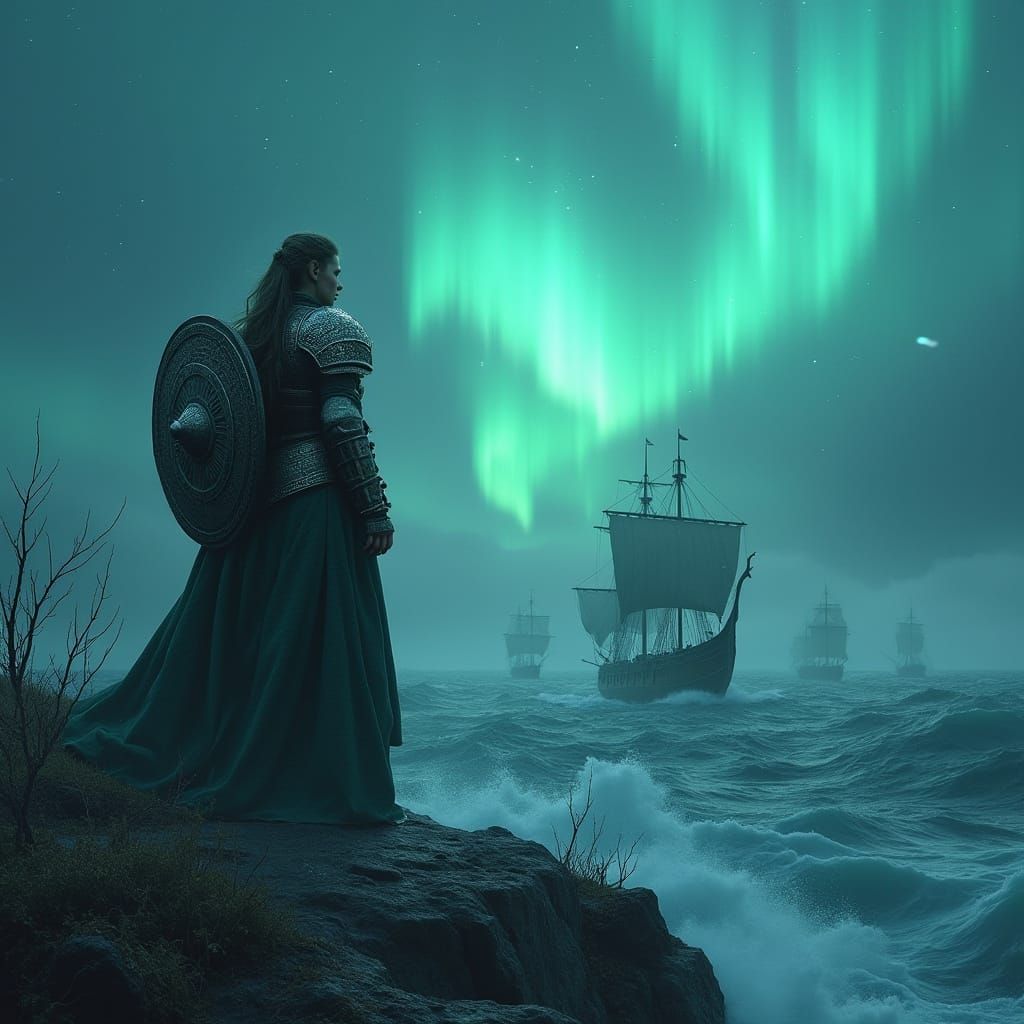 Nordic Shieldmaiden Overlooking Stormy Ocean