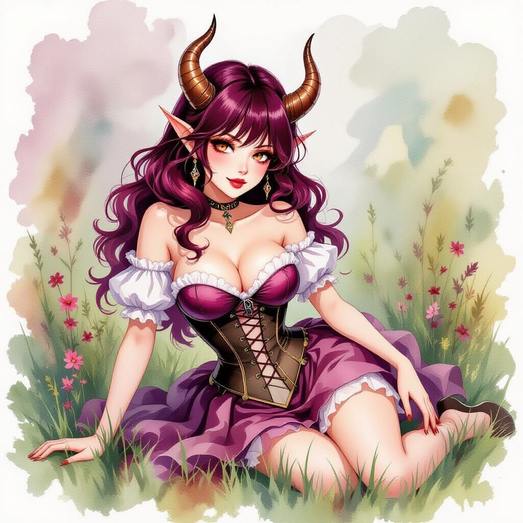 Demon in Watercolor Style with Gouache Textures