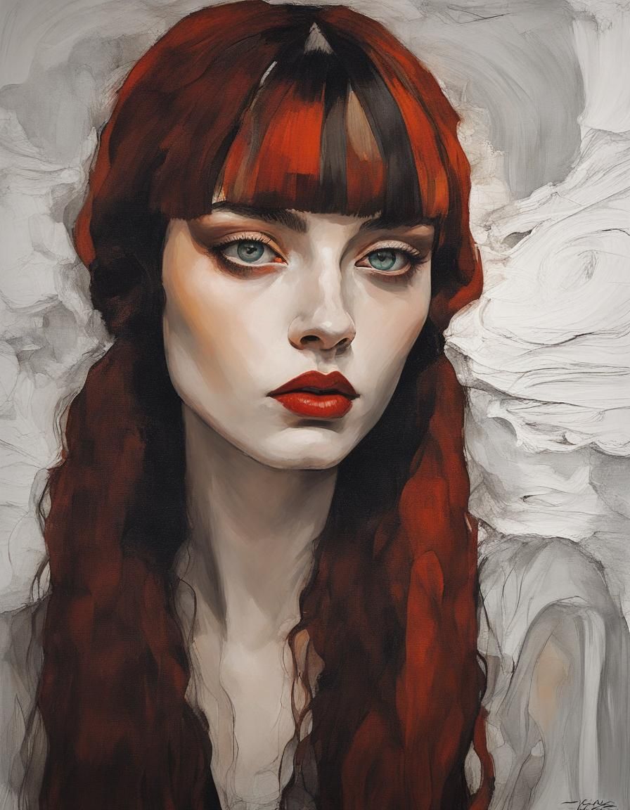 Elegant Goth Girl: Minimalist Impasto Portrait