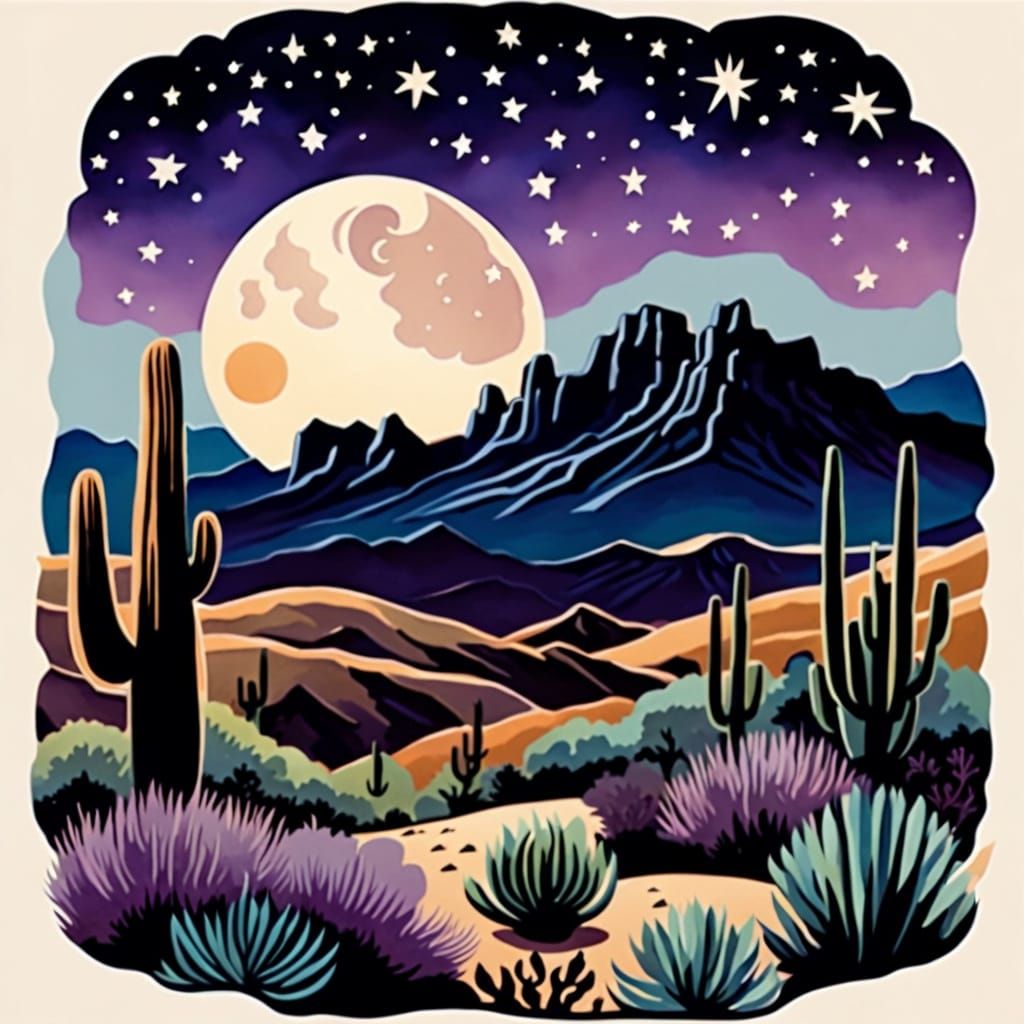 Vintage Superstition Mountains Watercolor Illustration
