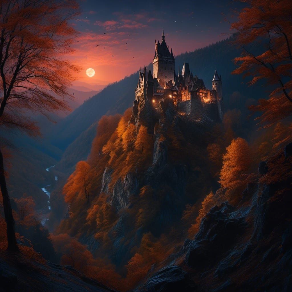 Bran Castle Ruins at Night in Fantasy Style
