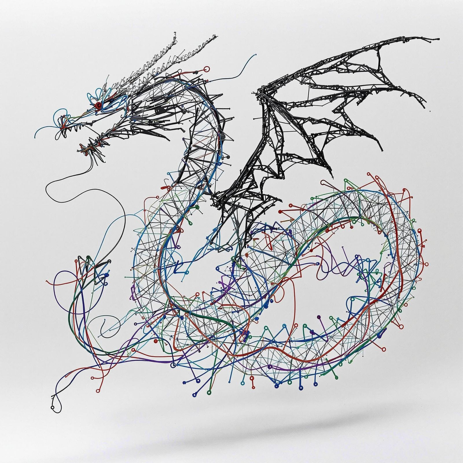 Wire Dragon Sculpture in Flight: 8K Resolution