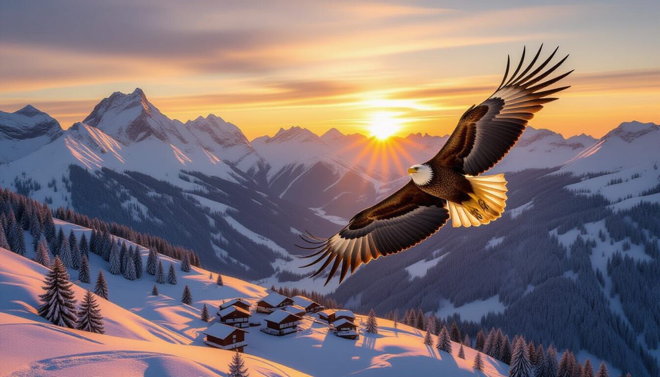 Golden Eagle Soars Over Swiss Alps Sunset