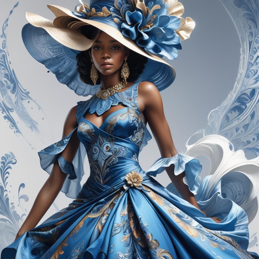 Elegant Woman in Blue Dress, Hyperrealistic Splash Art