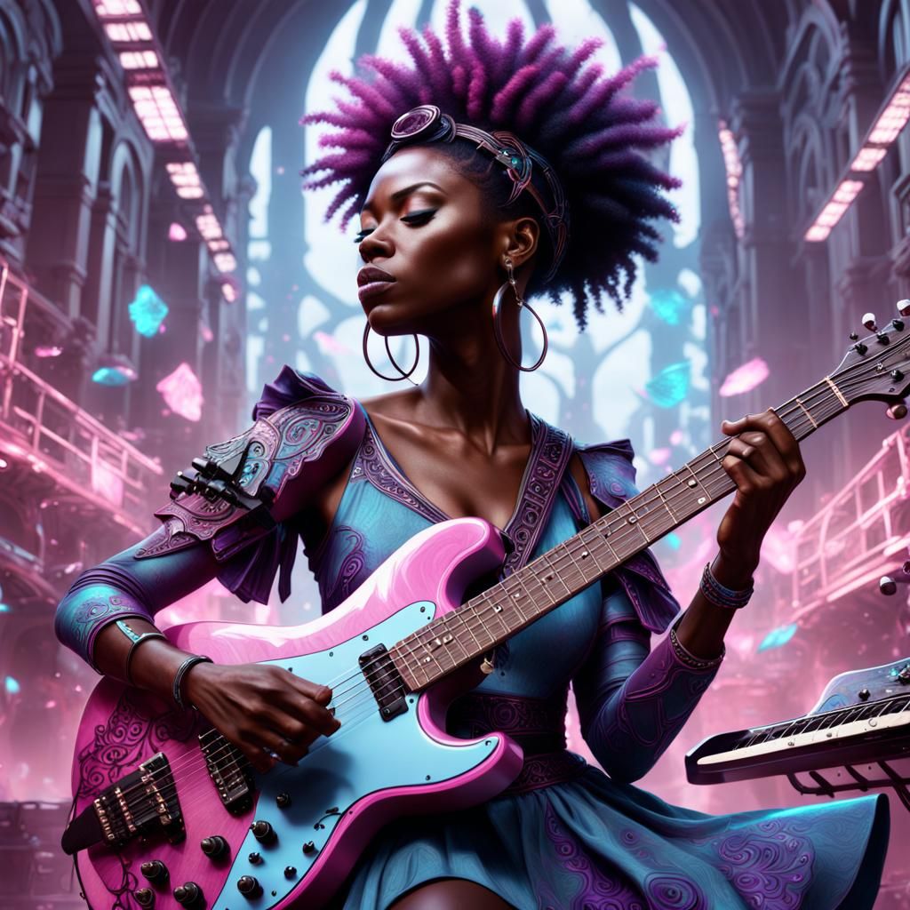 Guitar Player Double Exposure in Fantasy Art Style