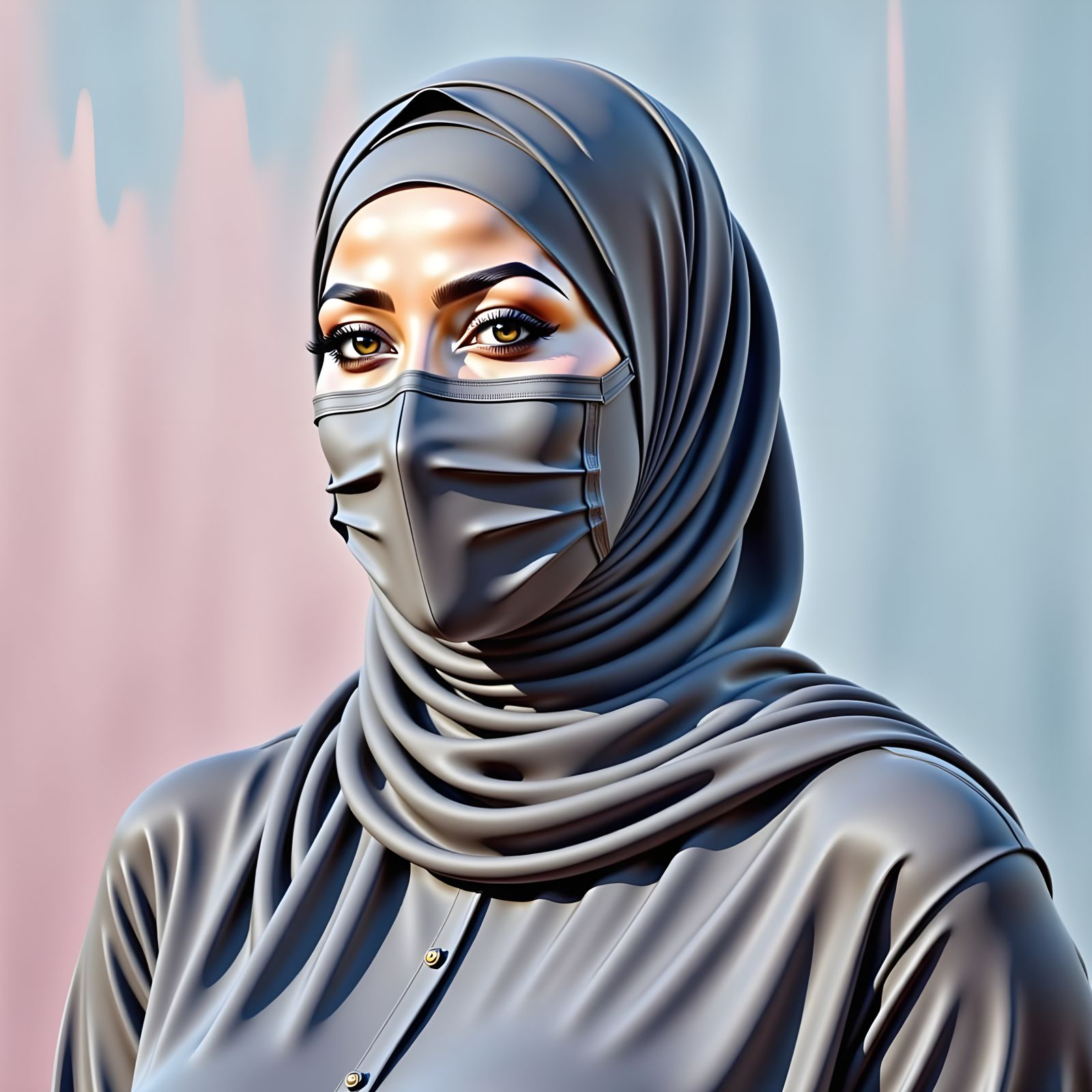 Portrait of Overweight Woman in Hijab and Mask