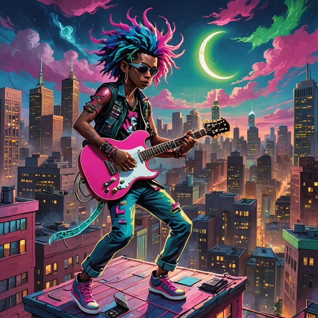 Funky Punk Guitarist on Rooftop, Vibrant Concept Art