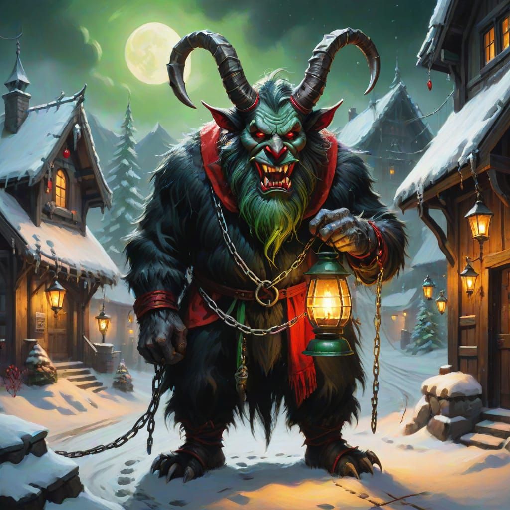 Krampus Close-Up: Dark Fantasy Oil Painting with Red Accents