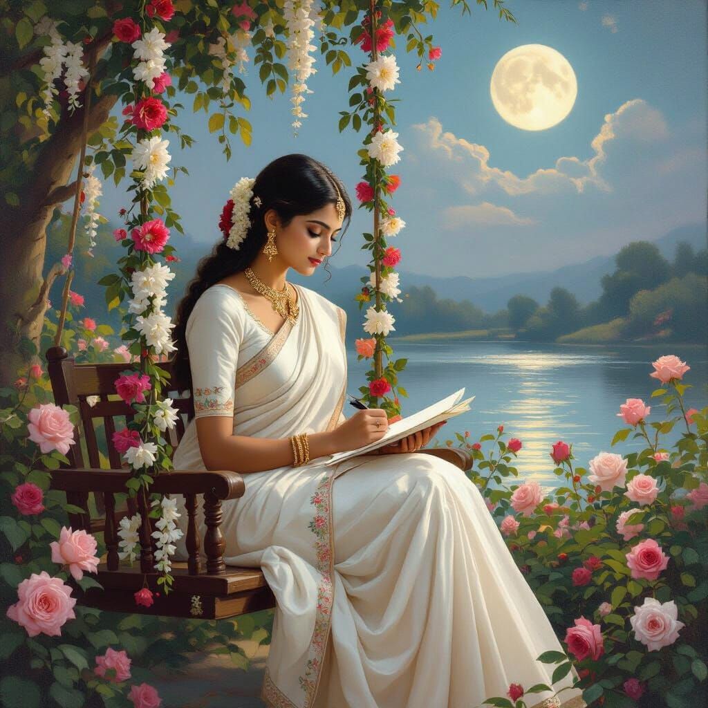 South Indian Woman Writing Letter in Moonlit Garden