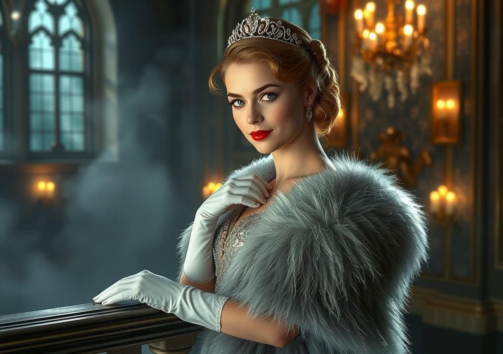 Elegant Princess in Misty Castle, Art Nouveau Style