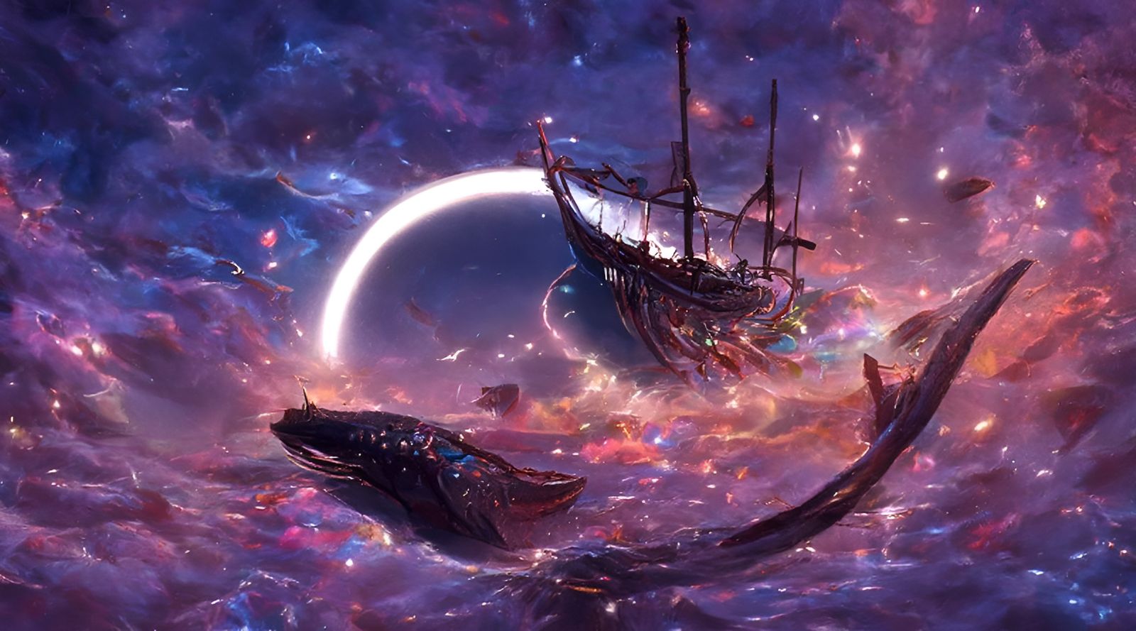 Cosmic Voyage: Ship and Whale Under Starry Skies