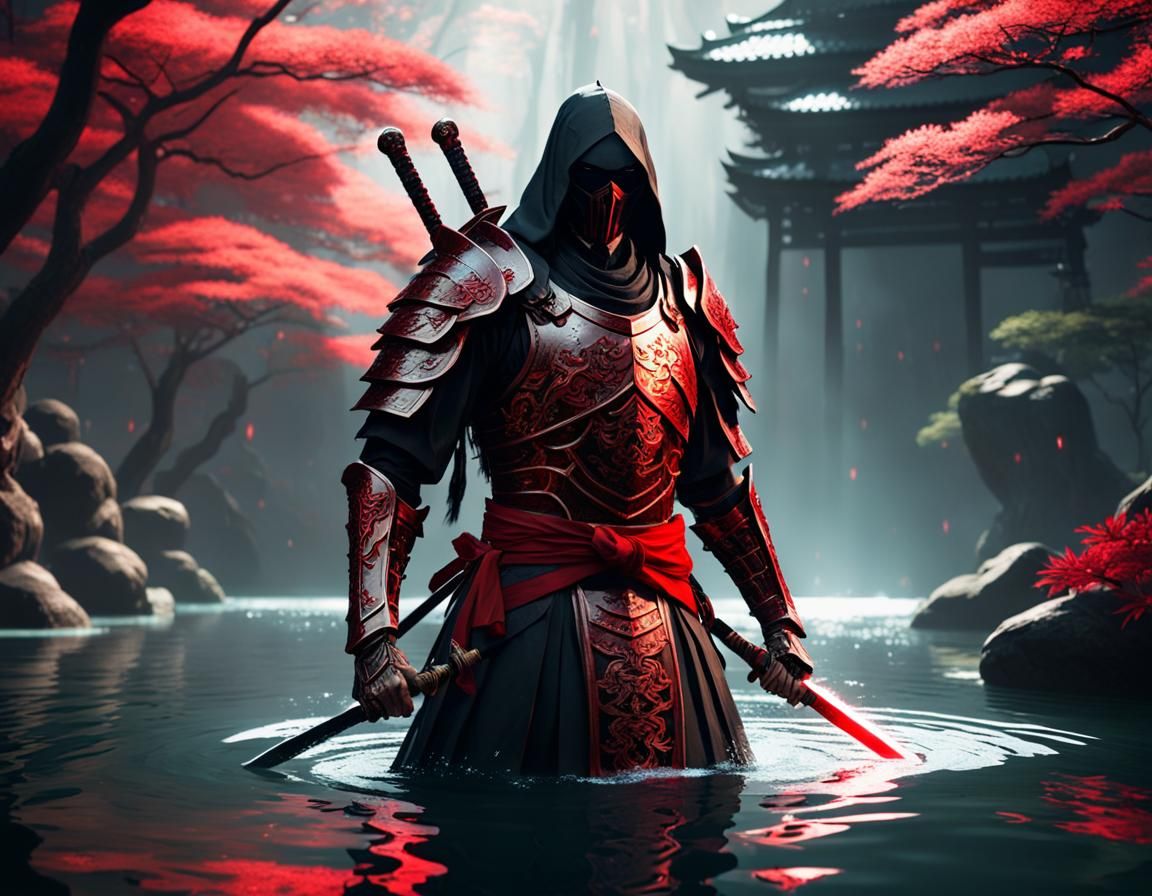 Armored Samurai with Sword in Red Lighting