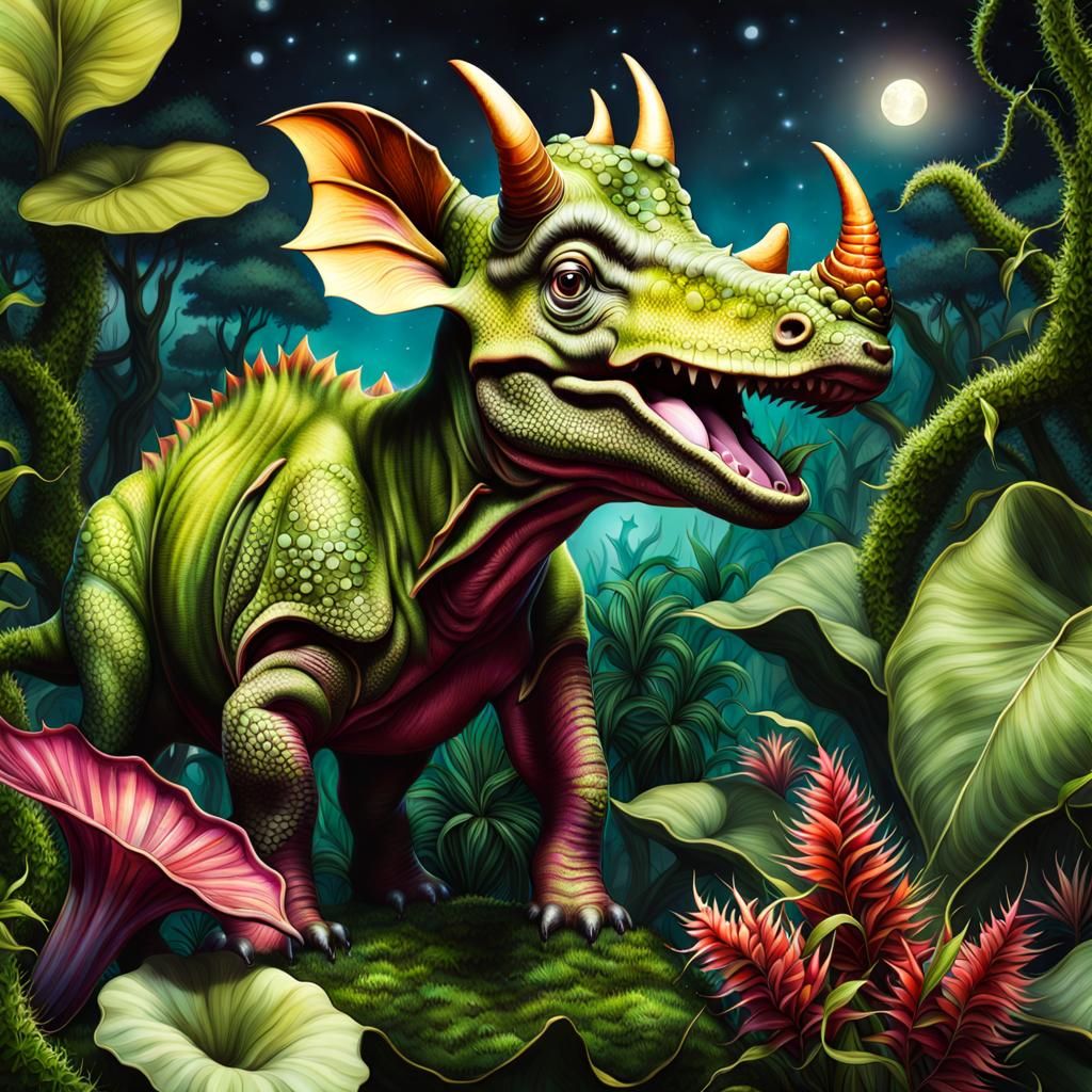 Cute Triceratops in Whimsical Jungle, Botanical Illustration
