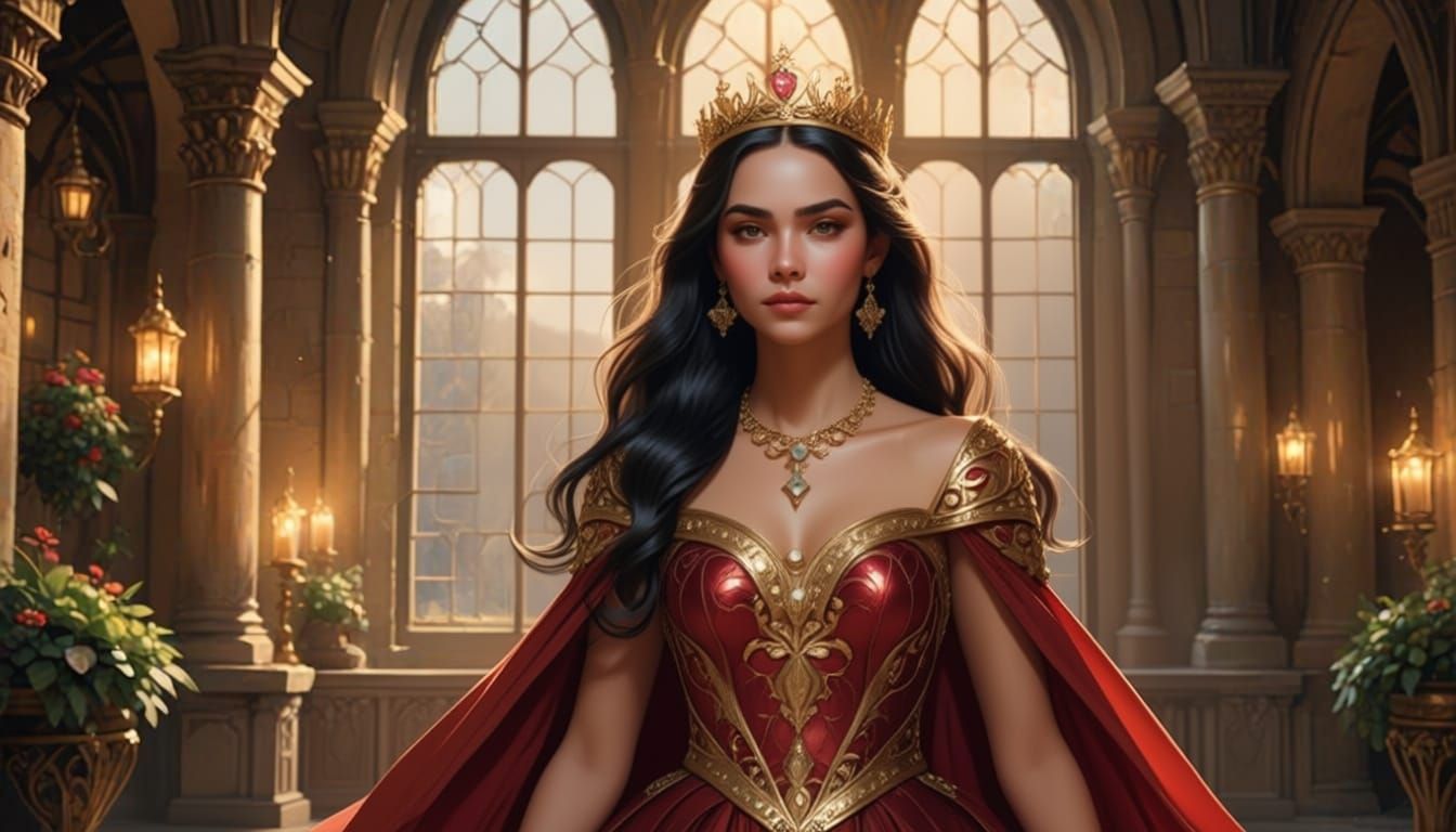 Elegant Princess in Red Gown Inside Castle Hall