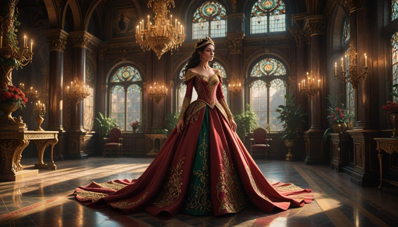 Beautiful Princess in Red Dress in Castle Hall
