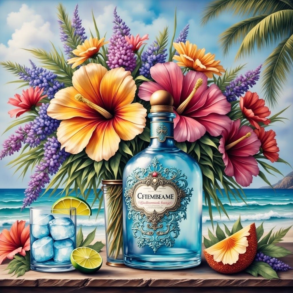 Tropical Alcohol Display in Antique Watercolor Style