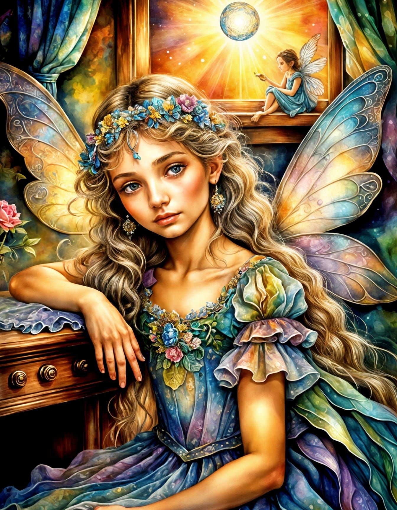 Ethereal Fairy Portrait in Watercolor Style