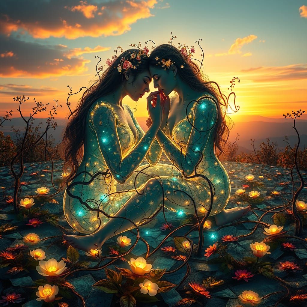 Surrealism in Bloom: Mystical Woman Among Glowing Labyrinth