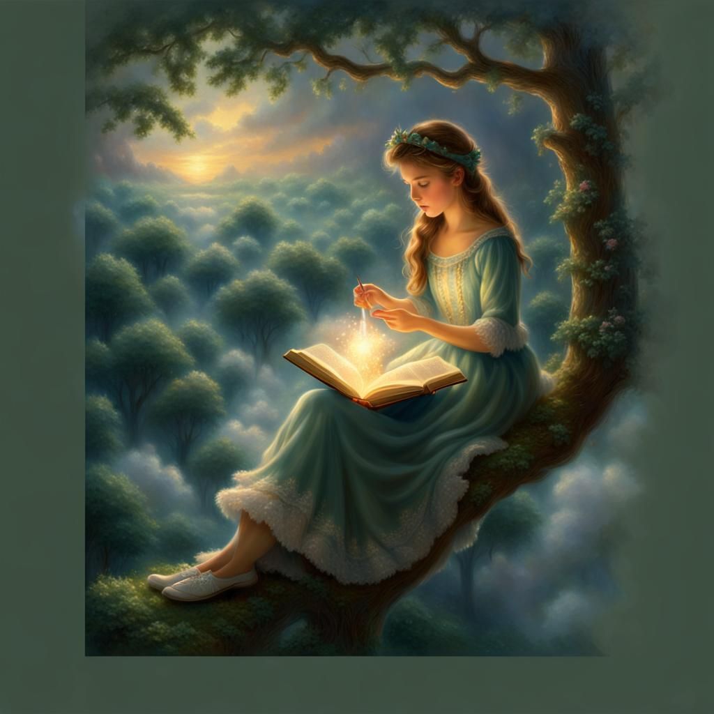 Girl with Shining Book in Ethereal Landscape