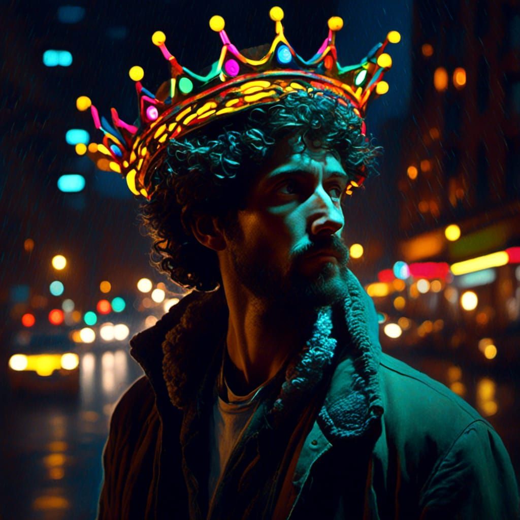 Neon Crowned Man Contemplates New York Night