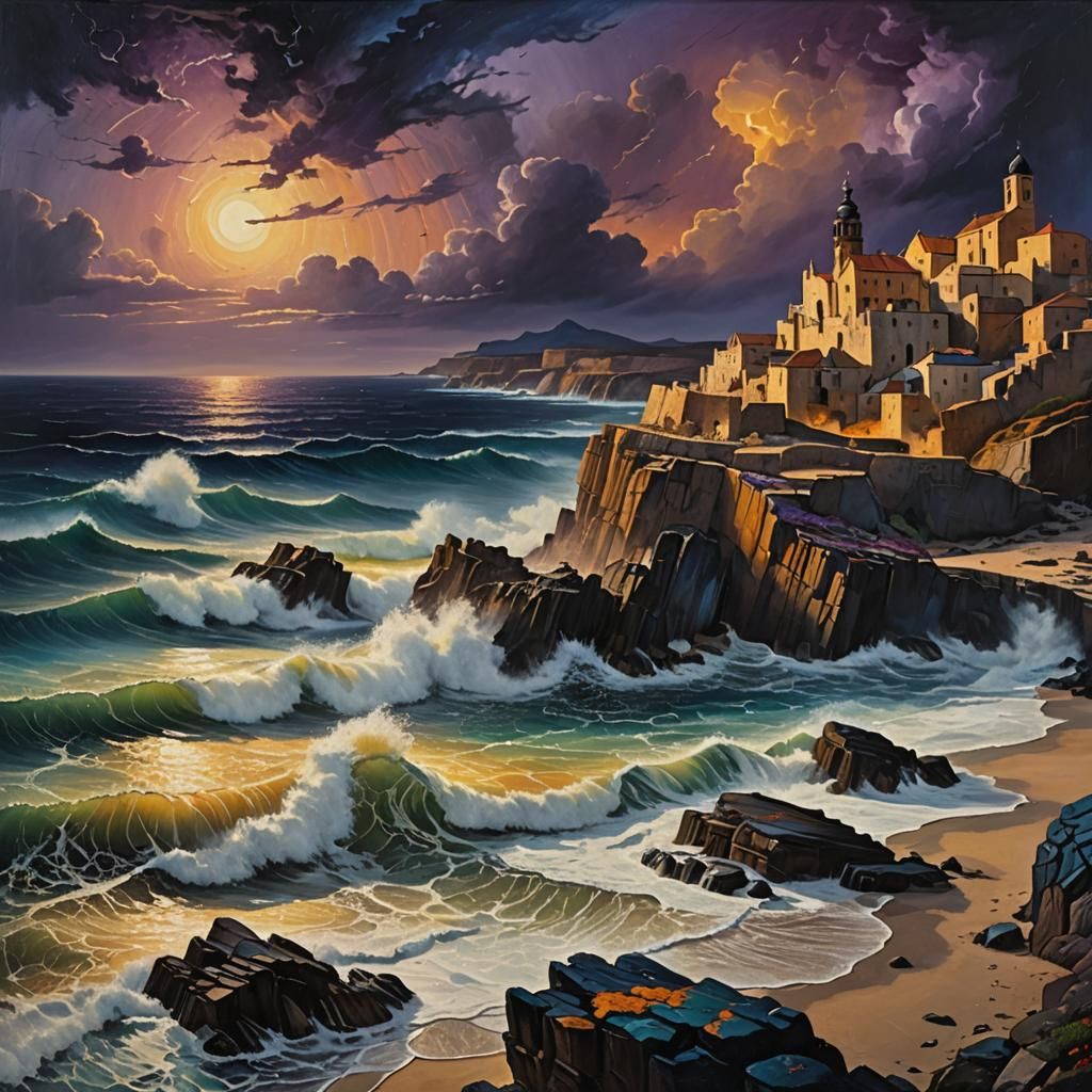 Dramatic Rocky Coastline Sunset in Expressive Style