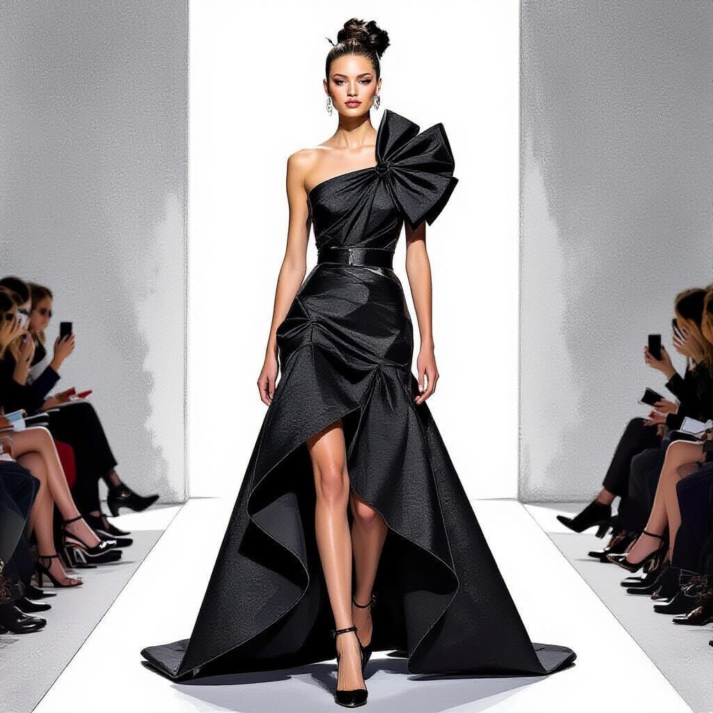 Avant-Garde Fashion Sketch: Asymmetrical Dress with Bow