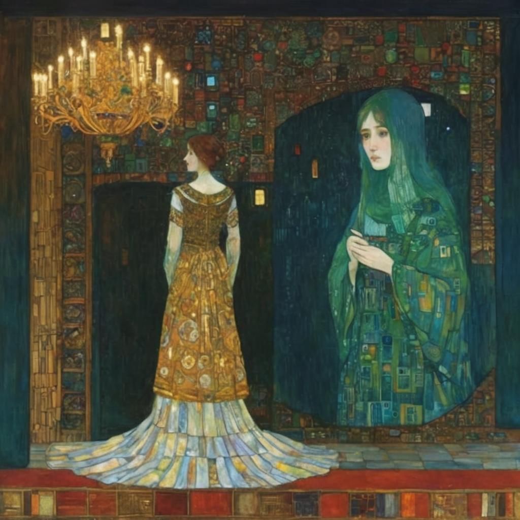 Ghostly Bargain: A Klimt-Inspired Art Nouveau Scene