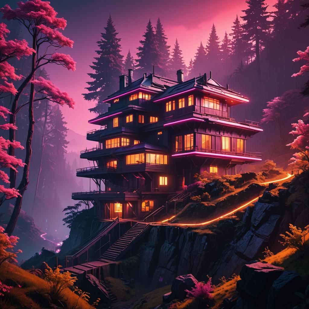 Fantasy House in Enchanted Forest: Cyberpunk Neon