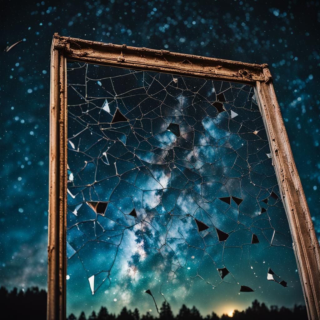 Broken Mirror Reflects Starry Sky: Cinematic Still