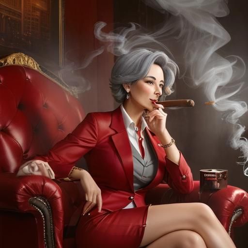 Businesswoman Smoking Cigar in Red Suit