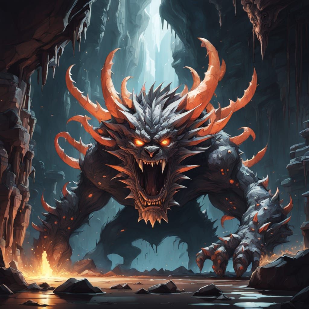 Terrifying Fantasy Monster in Dark Cave