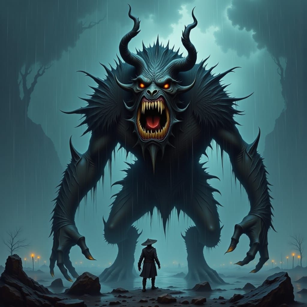 Monster Lurking in a Rainy Metropolis