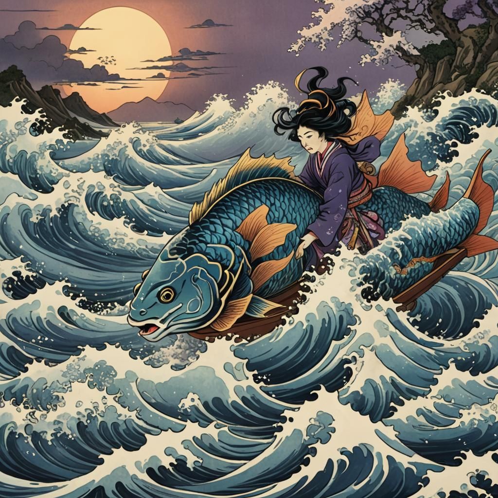 Woman Drives Giant Fish: Ukiyo-e Style