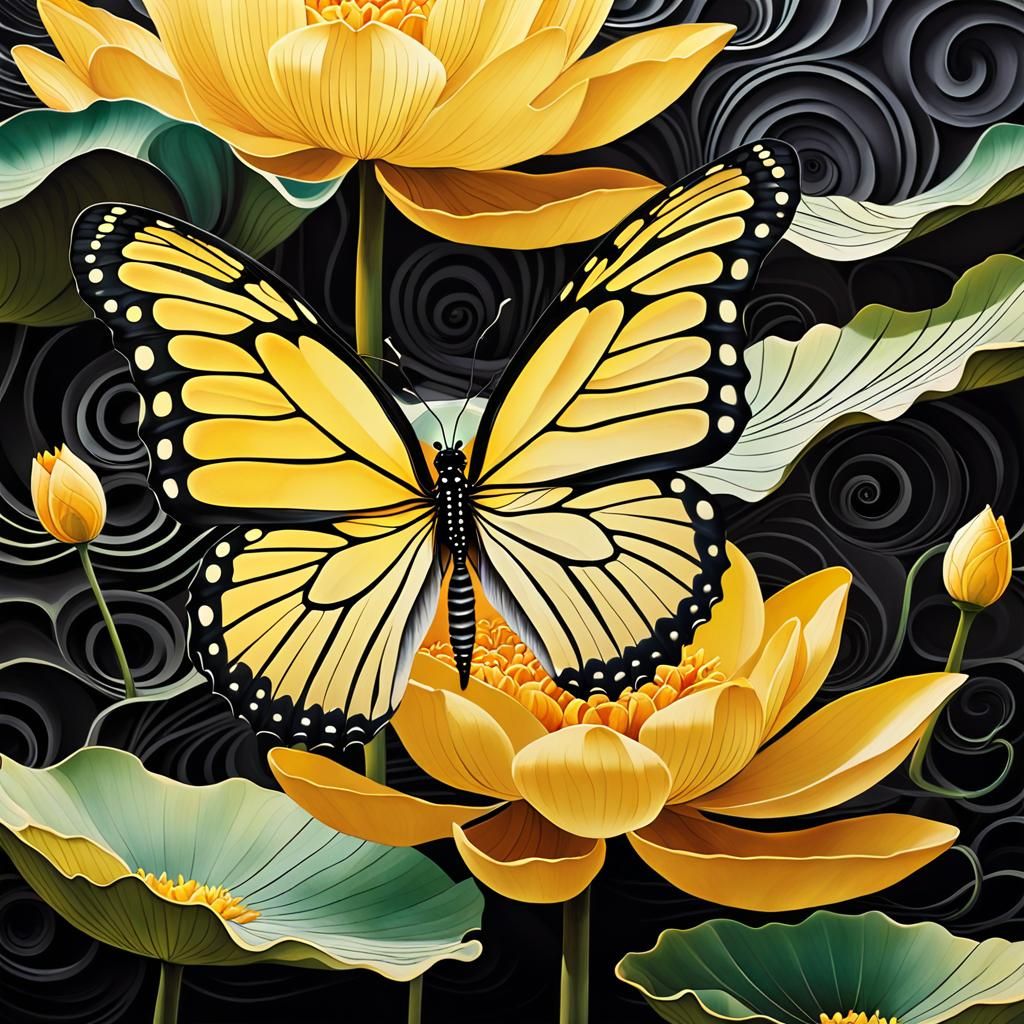 Butterfly on Lotus with Japanese Waves