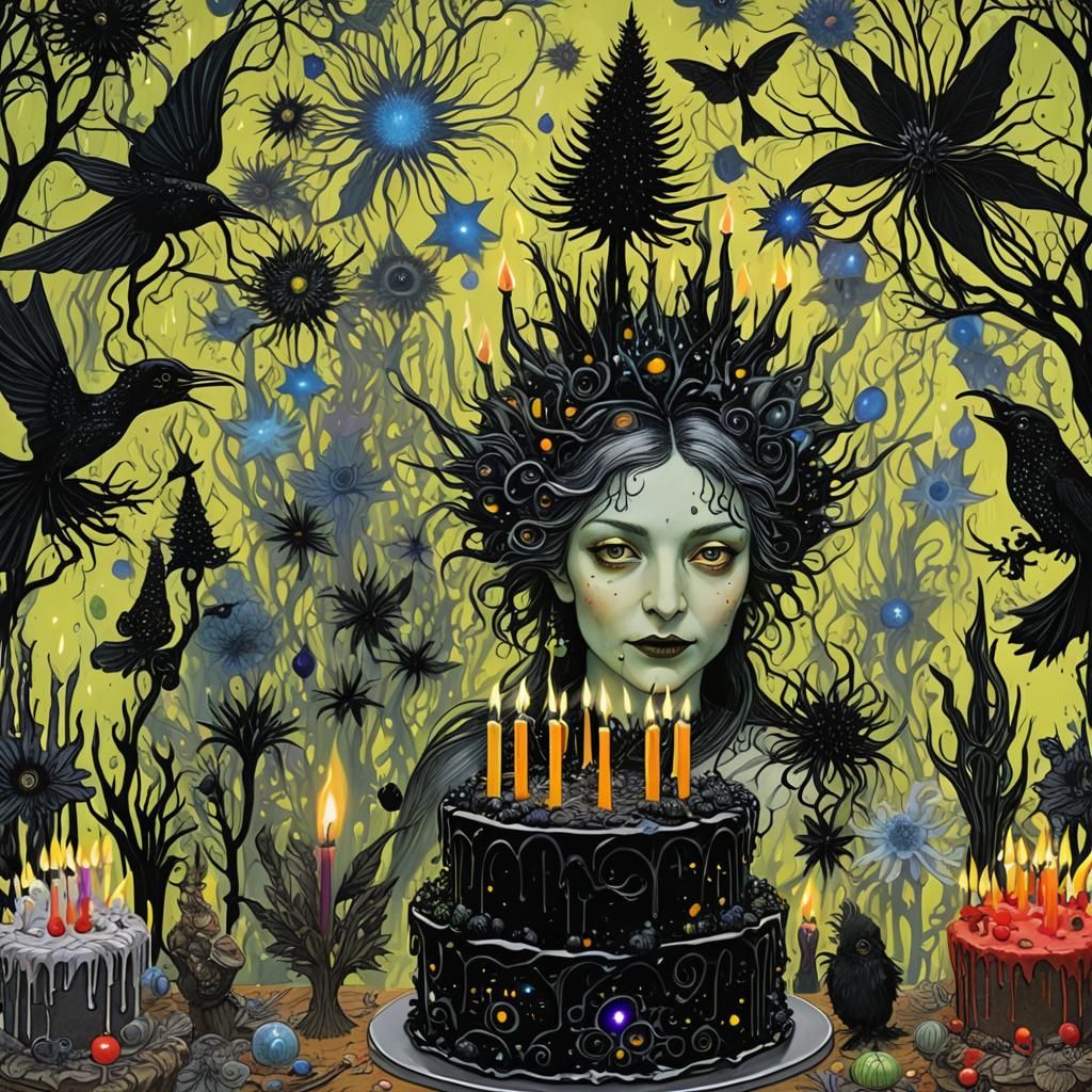 Surreal Birthday Cake in Alebrije Style with Stars