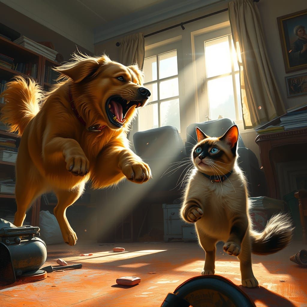 Golden Retriever Lunges at Siamese Cat in Dramatic Digital P...