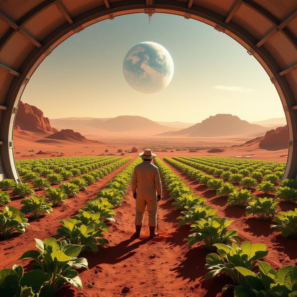 Martian Farmer Tends Hydroponic Crops with Earth in Sky