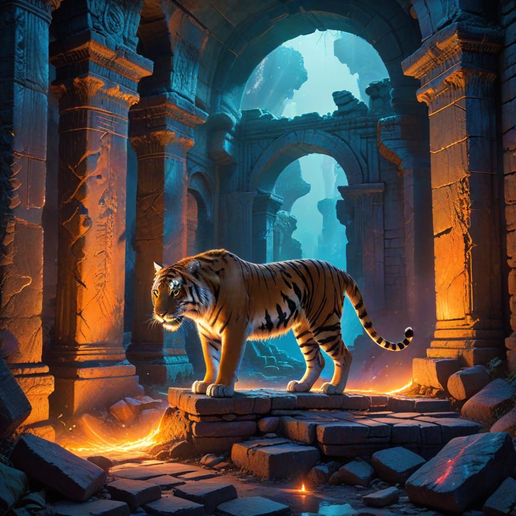 Majestic Tiger Prowls Ancient Ruins in Painterly Style