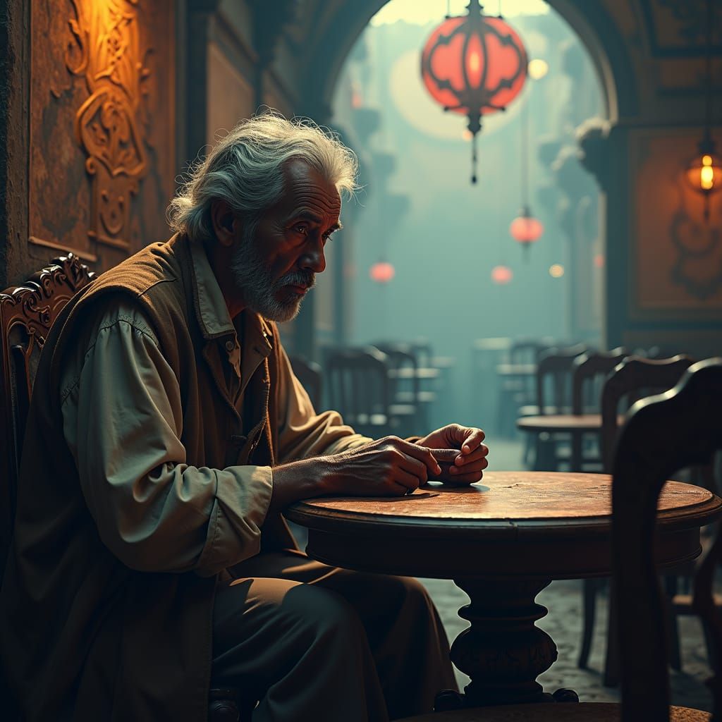 Elderly Man in Mystical Cafe: Fantasy Concept Art